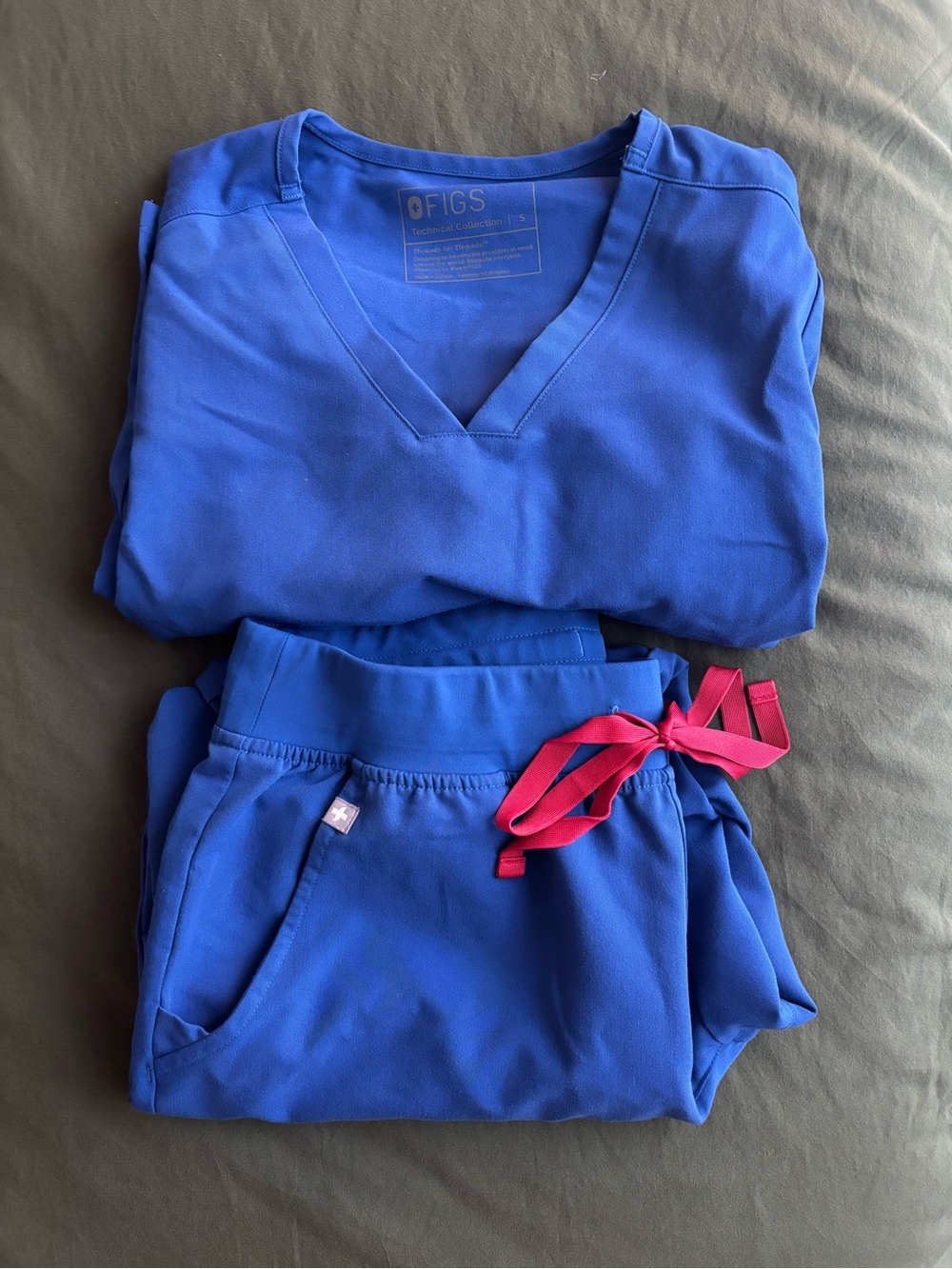 Figs Women's V-Neck Top and Drawstring Pants Set in Royal Blue with Pink Ties